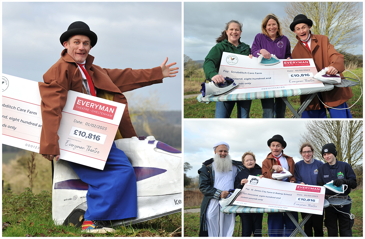 Scrubditch Care Farm and St James City Farm & Riding School receiving their Everyman Theatre Panto 2022 donations with Tweedy